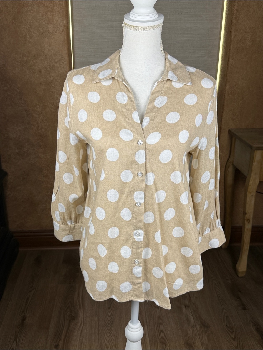 Beige/Tan & White Polka Dot Button Down 3/4 Sleeve
